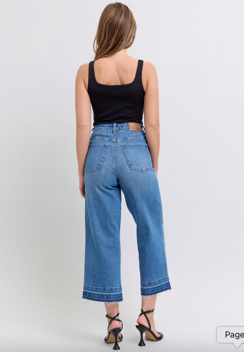 Judy Blue Tummy Control Release Hem Cropped Wide Leg Jeans