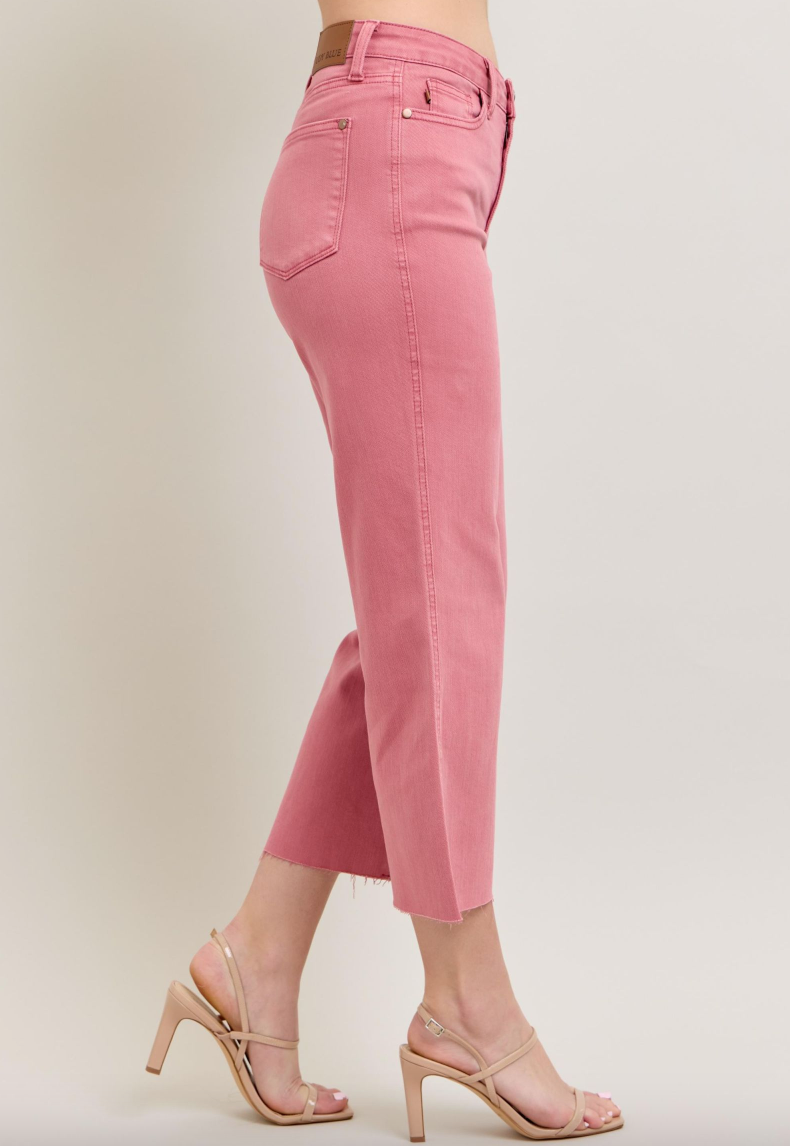 Judy Blue Raw Edge Wide Leg Crop Jeans - Rose