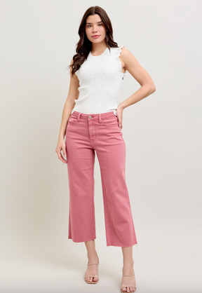 Judy Blue Raw Edge Wide Leg Crop Jeans - Rose