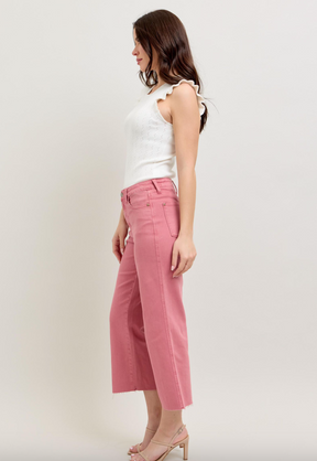 Judy Blue Raw Edge Wide Leg Crop Jeans - Rose