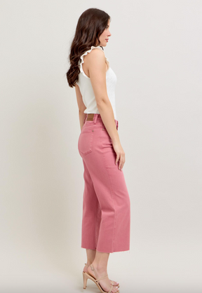 Judy Blue Raw Edge Wide Leg Crop Jeans - Rose