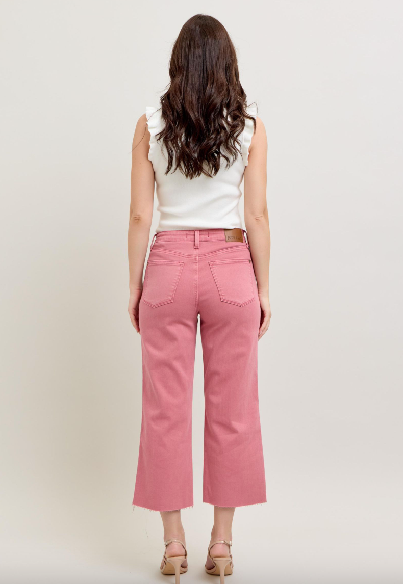 Judy Blue Raw Edge Wide Leg Crop Jeans - Rose