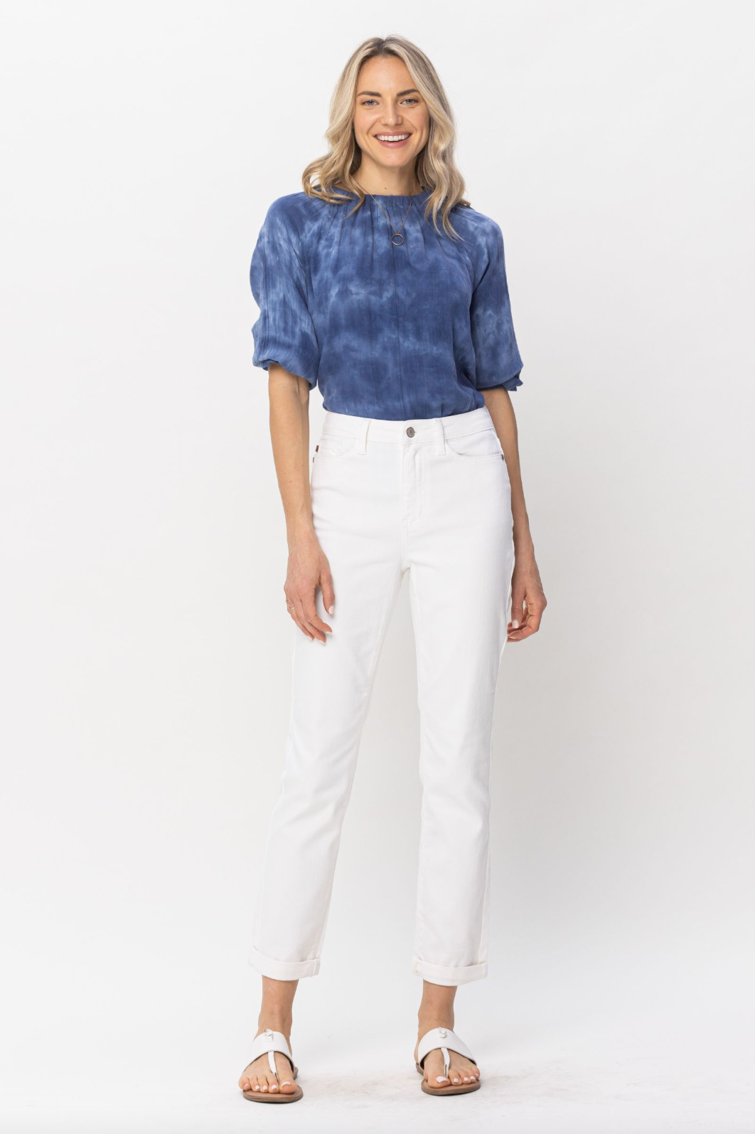 Judy Blue Double Cuff White Boyfriend Jeans