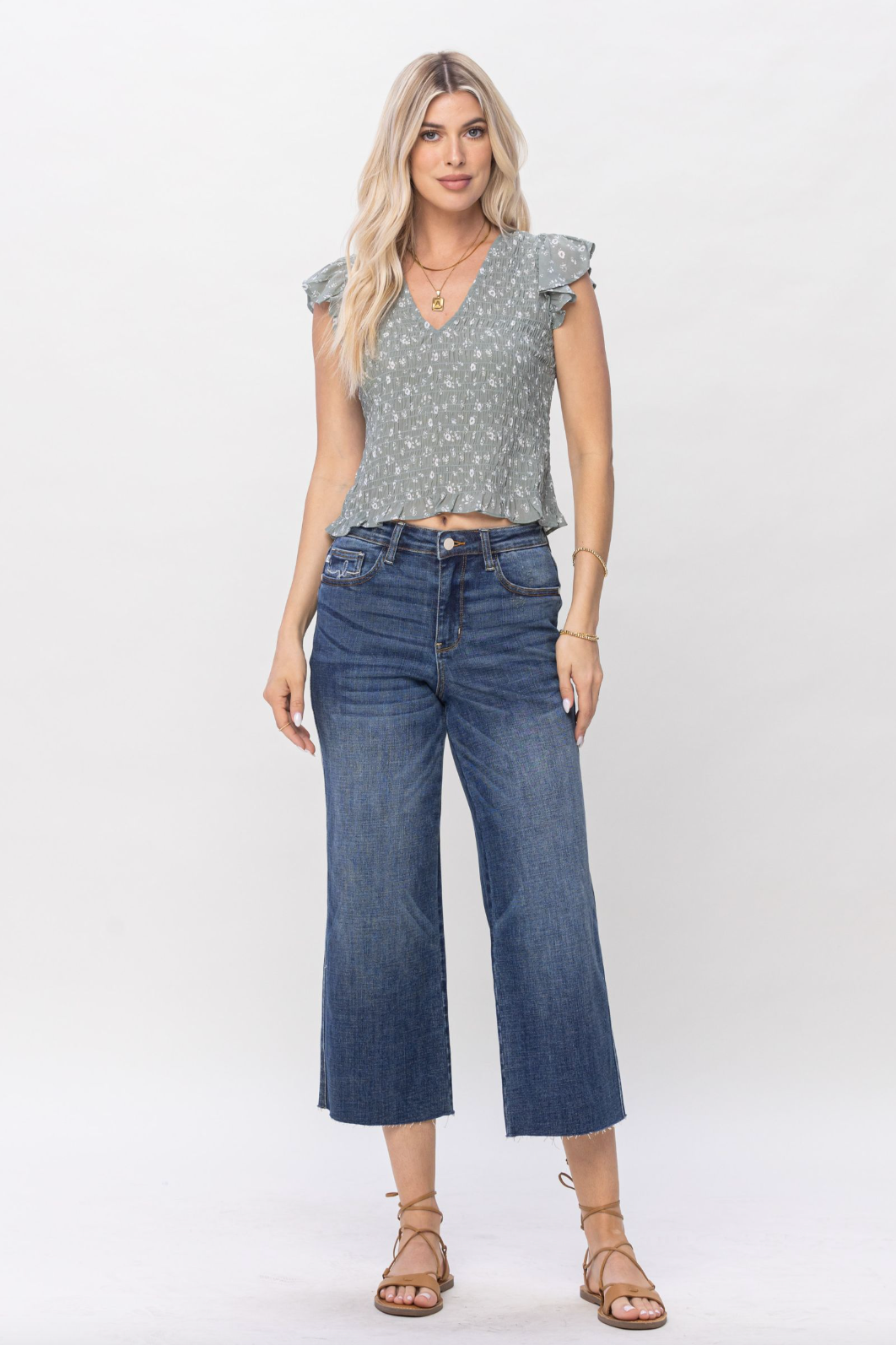 Judy Blue Raw Edge Wide Leg Crop Jeans