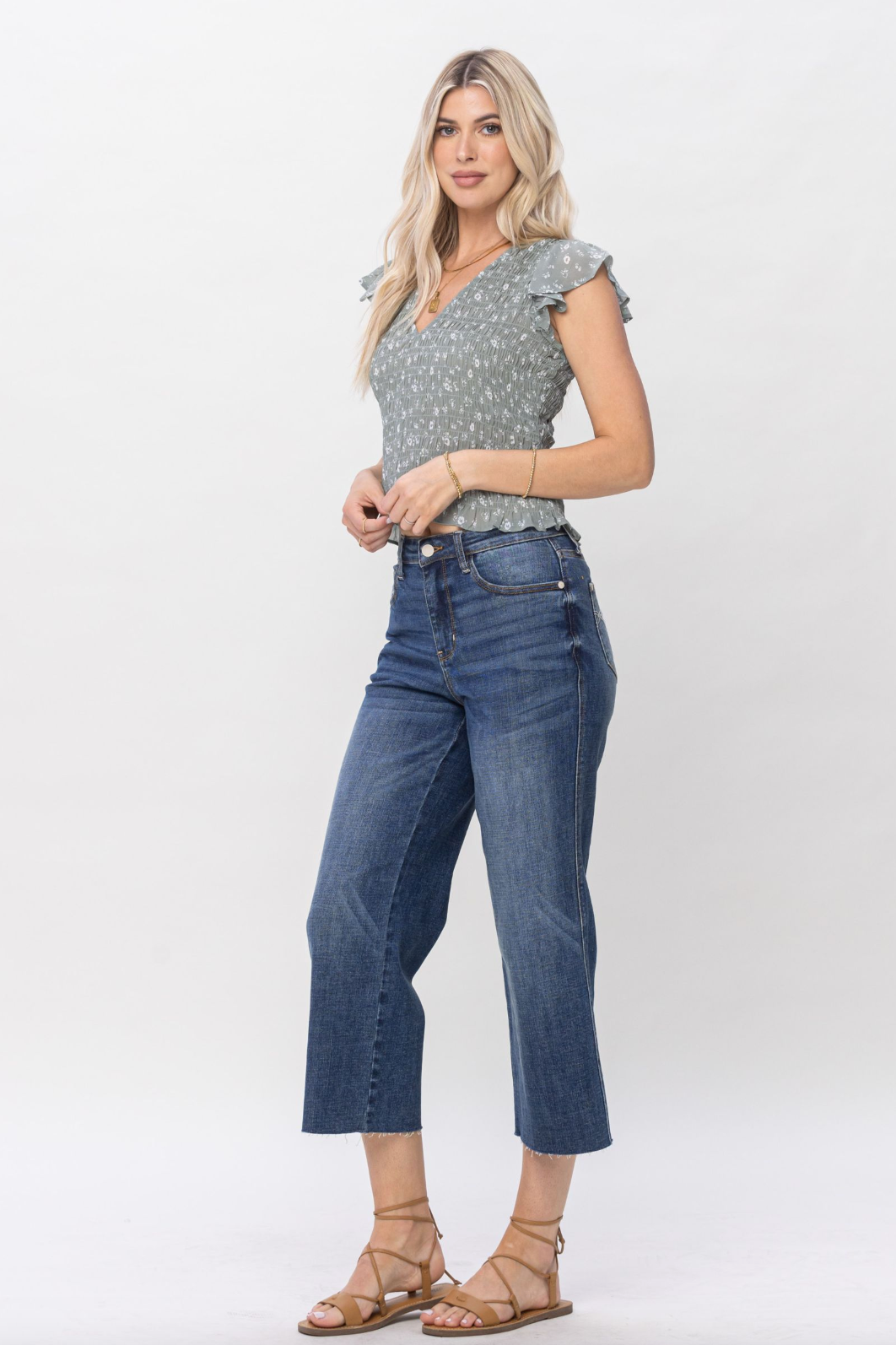Judy Blue Raw Edge Wide Leg Crop Jeans
