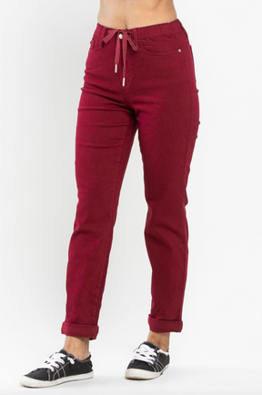 Judy Blue Pull-On Double Cuff Joggers - Scarlet