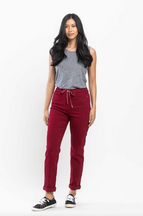 Judy Blue Pull-On Double Cuff Joggers - Scarlet