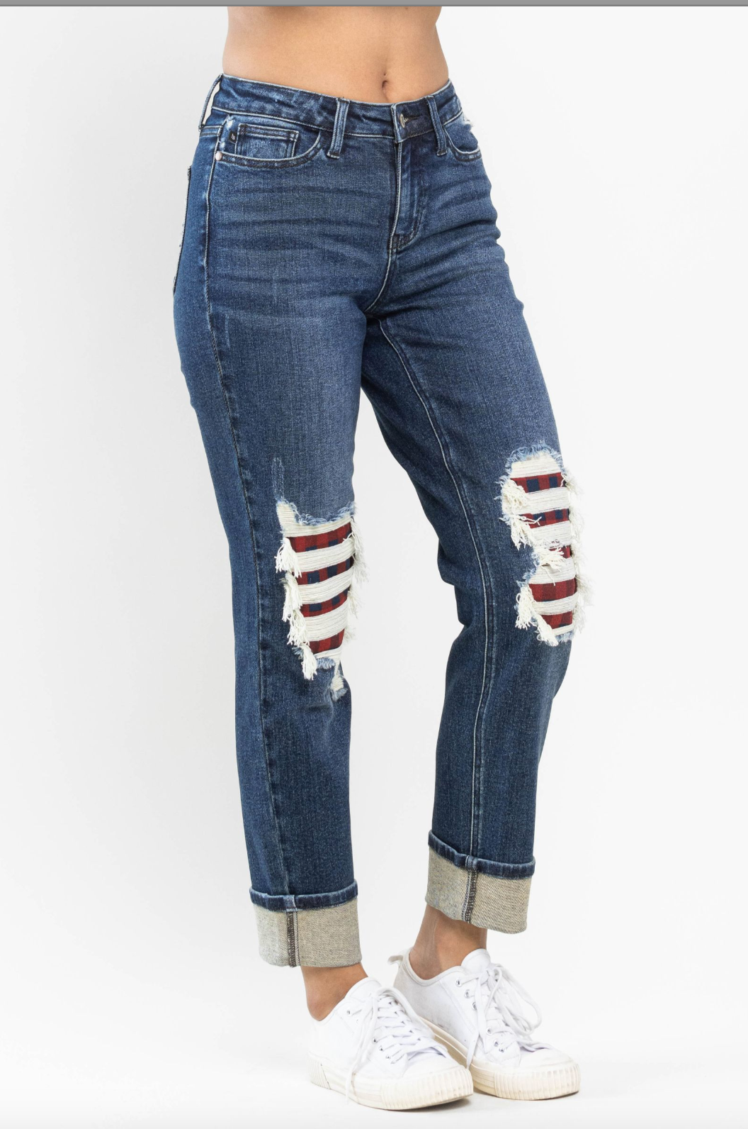 Judy Blue Buffalo Plaid Destroyed Knee Boyfriend Jeans