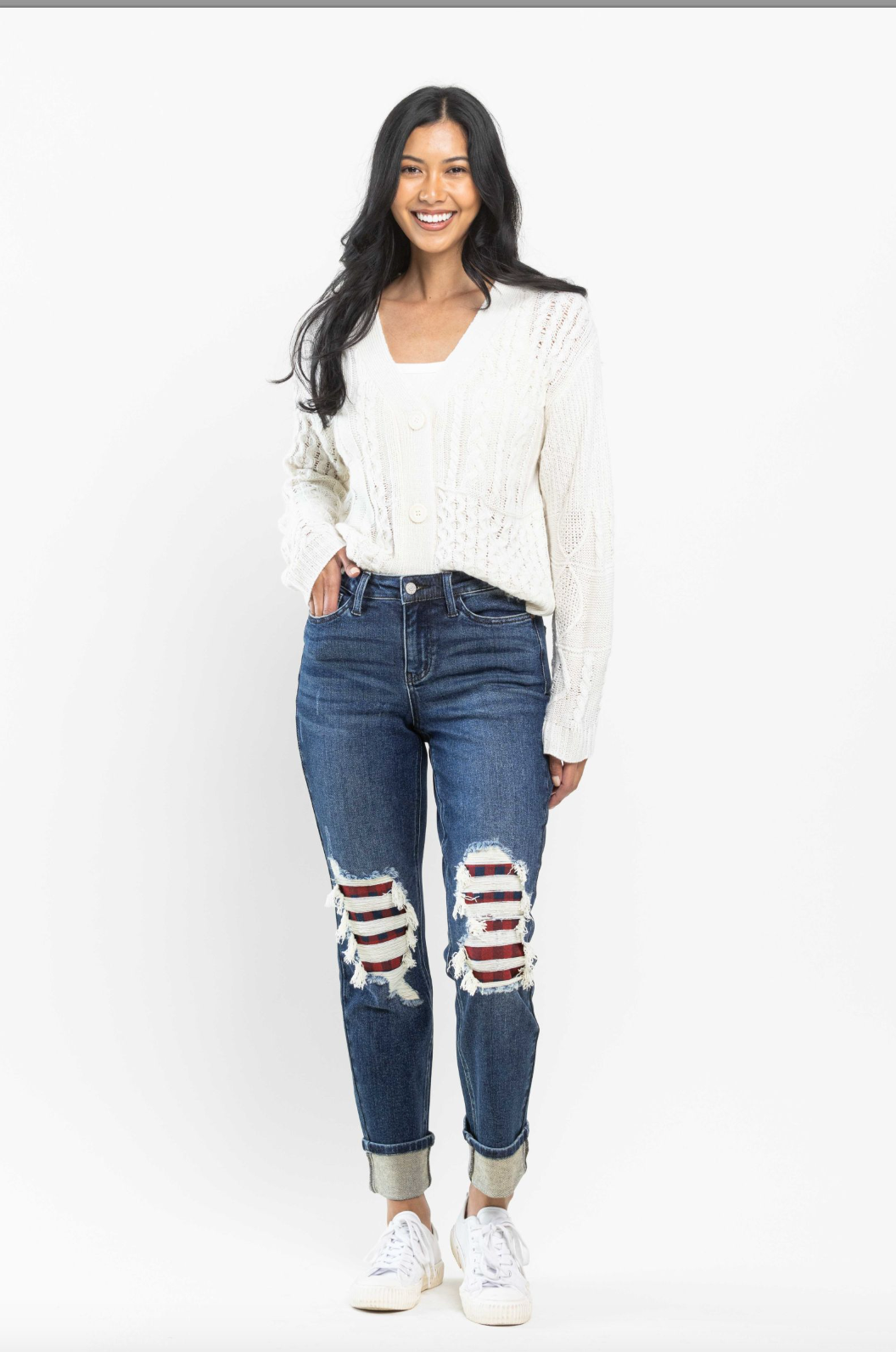 Judy Blue Buffalo Plaid Destroyed Knee Boyfriend Jeans