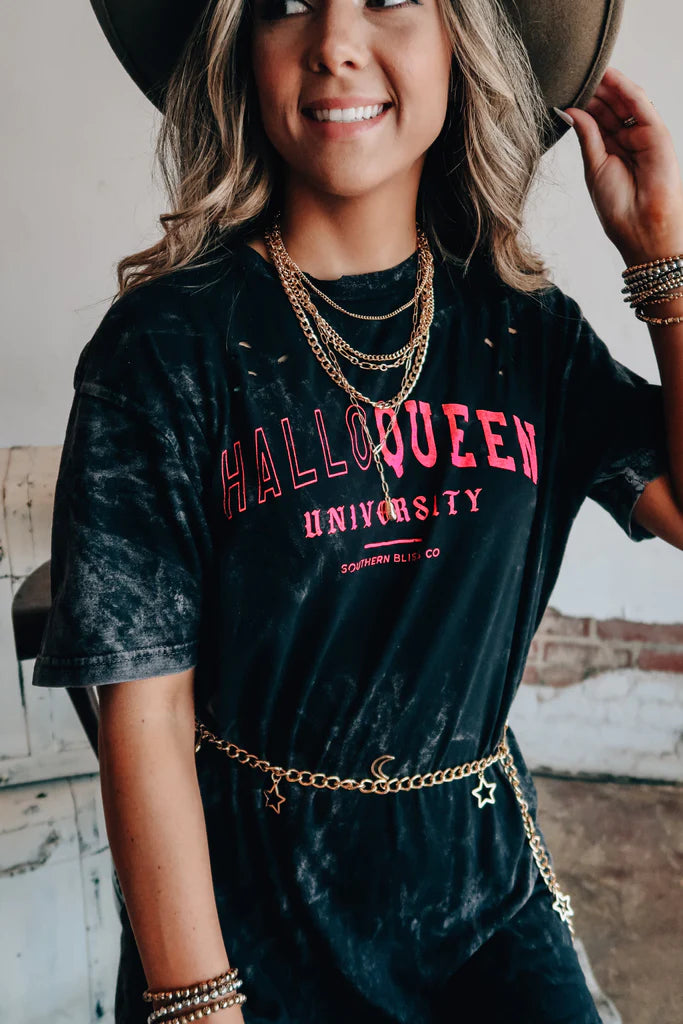 HalloQueen Black Mineral Wash Destroyed Graphic Tee