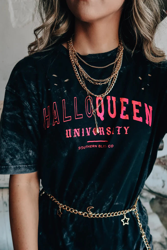 HalloQueen Black Mineral Wash Destroyed Graphic Tee