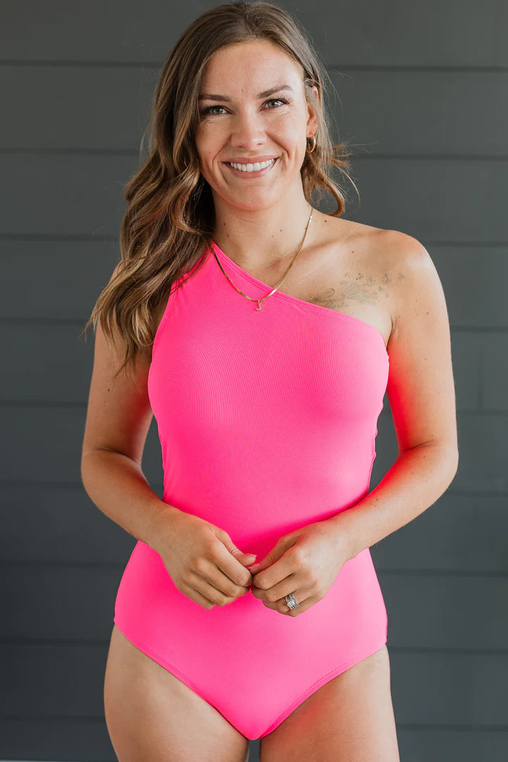 Beach Bound Ribbed One Piece Swimsuit - Neon Pink
