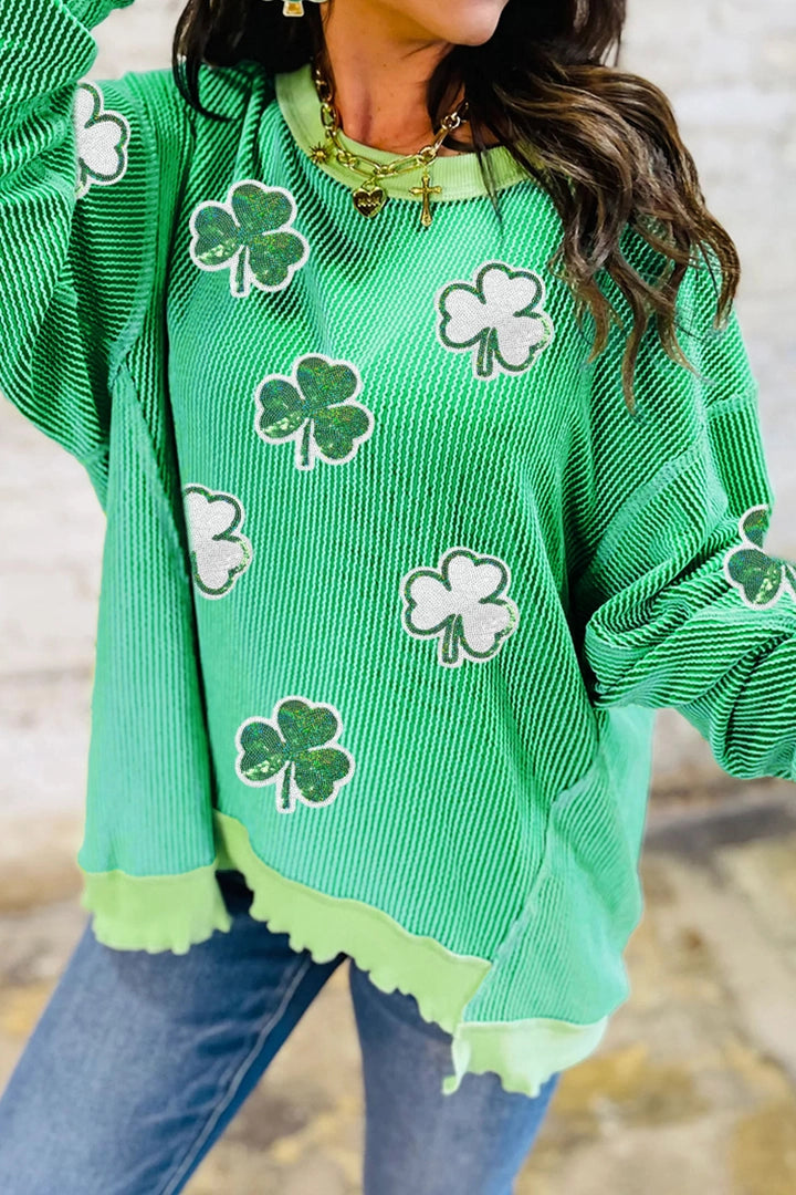St Pat's Ribbed Sequin Clover Pullover