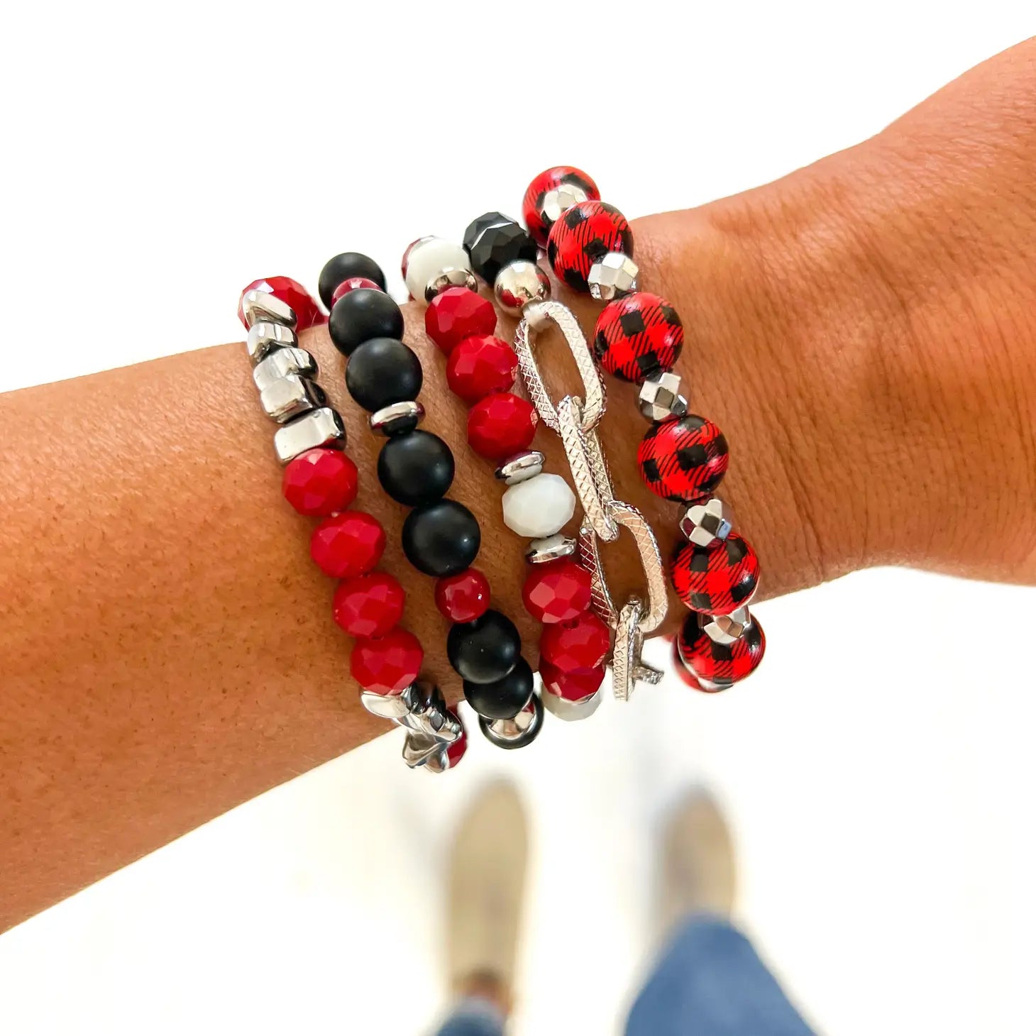 Red w/ Chain Buffalo Plaid Bracelet Stack - Silver