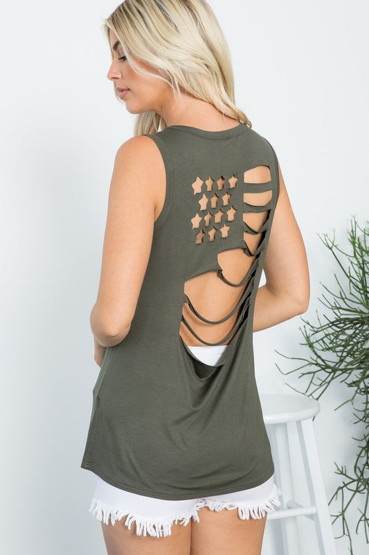 American Flag Laser Cut Tank - Olive