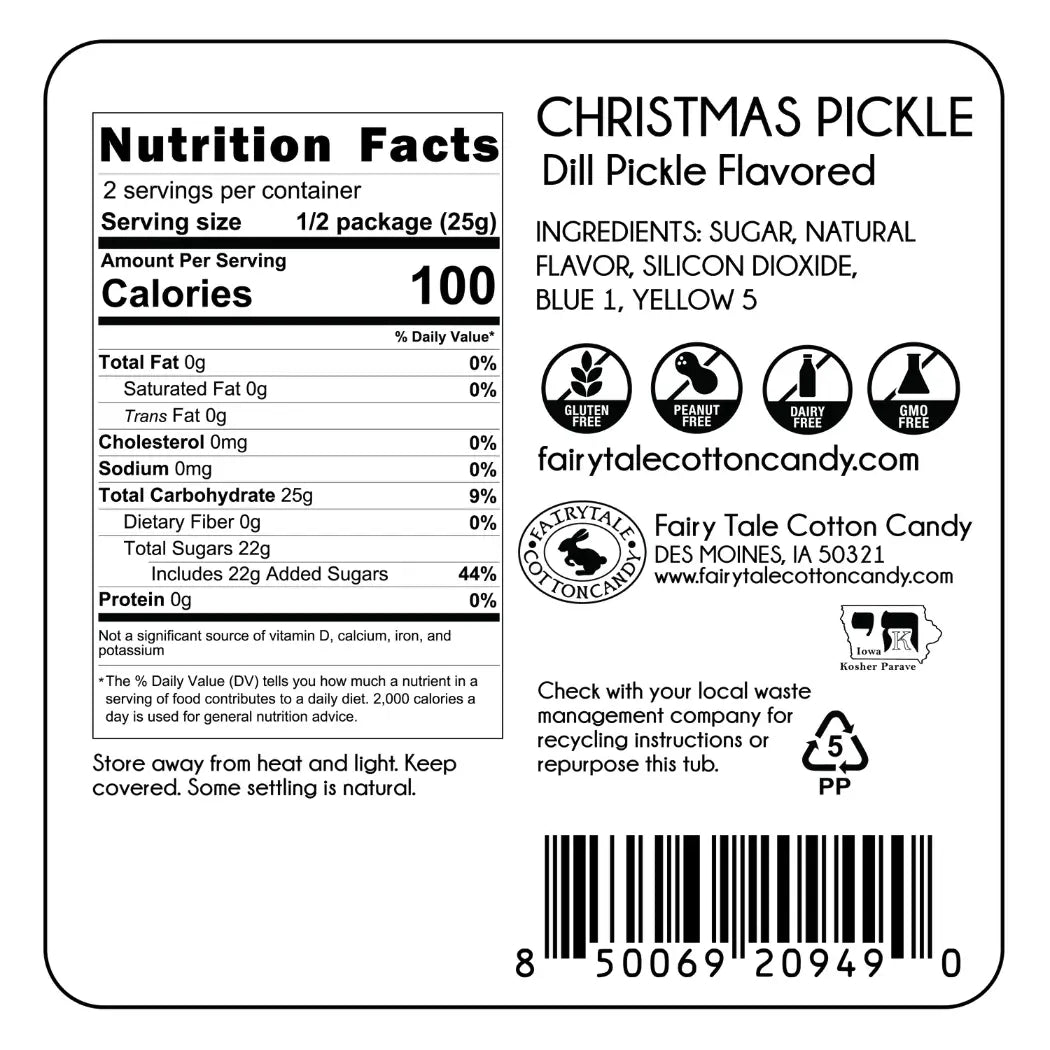 Ingredients: Sugar, natural flavor, silicon dioxide, blue 1, yellow 5
,Nutrition Facts: 2 servings per container.
Calories 100, total fat 0g, cholesterol 0mg, sodium 0mg, total carbohydrate 25g, dietary fiber 0g, total sugars 22 includes 22g added sugars, protein 0g
Store away from heat and light. Keep covered. Some settling is natural
Gluten free, peanut free, diary free, an GMO free