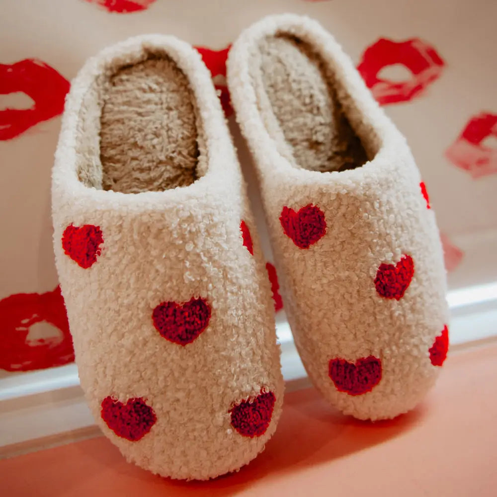 Red Hearts All Over Fuzzy Sherpa Slippers