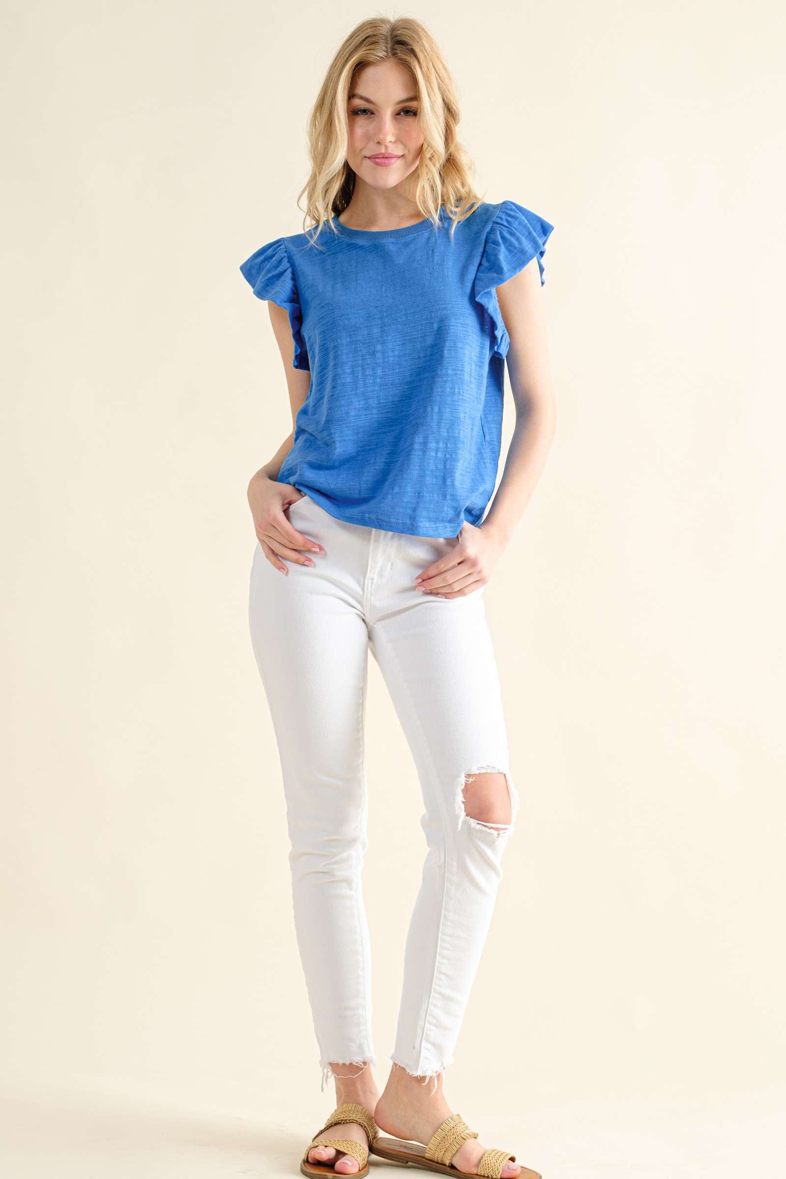 Going Astray Ruffle Sleeve Tee - Blue