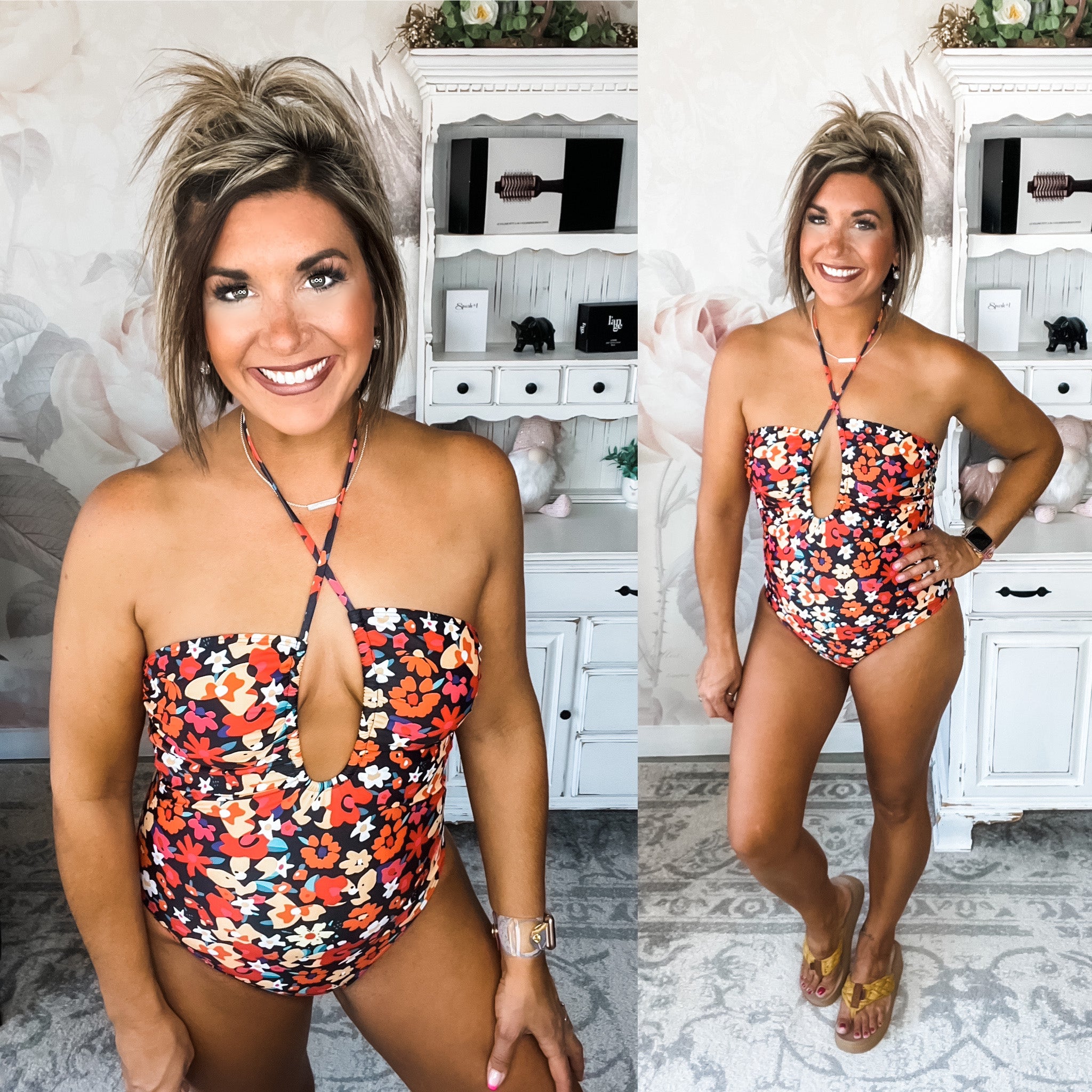 Changing Tides Halter Swimsuit - Black Floral