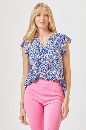 Figure It Out Ruffle Sleeve Top - Royal Multi