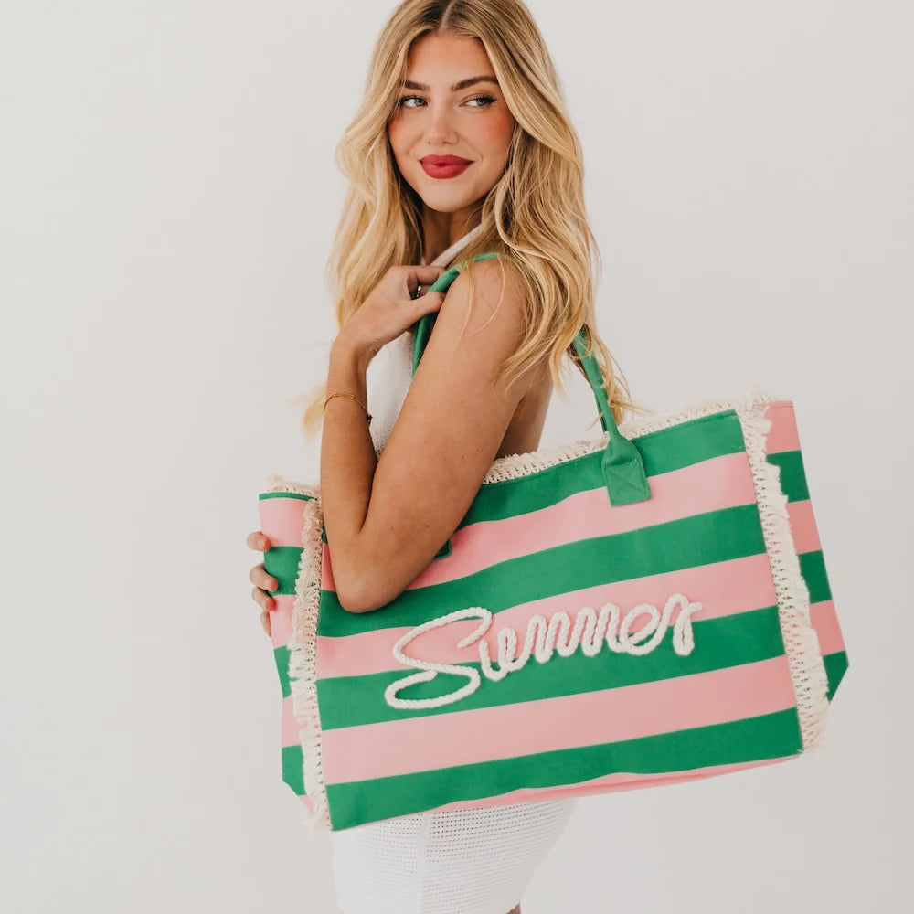 Striped Summer Beach Tote - Bubblegum Pink & Emerald