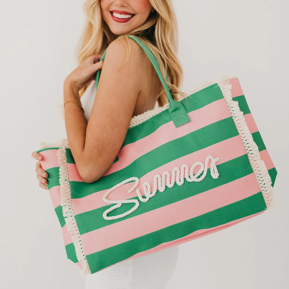 Striped Summer Beach Tote - Bubblegum Pink & Emerald