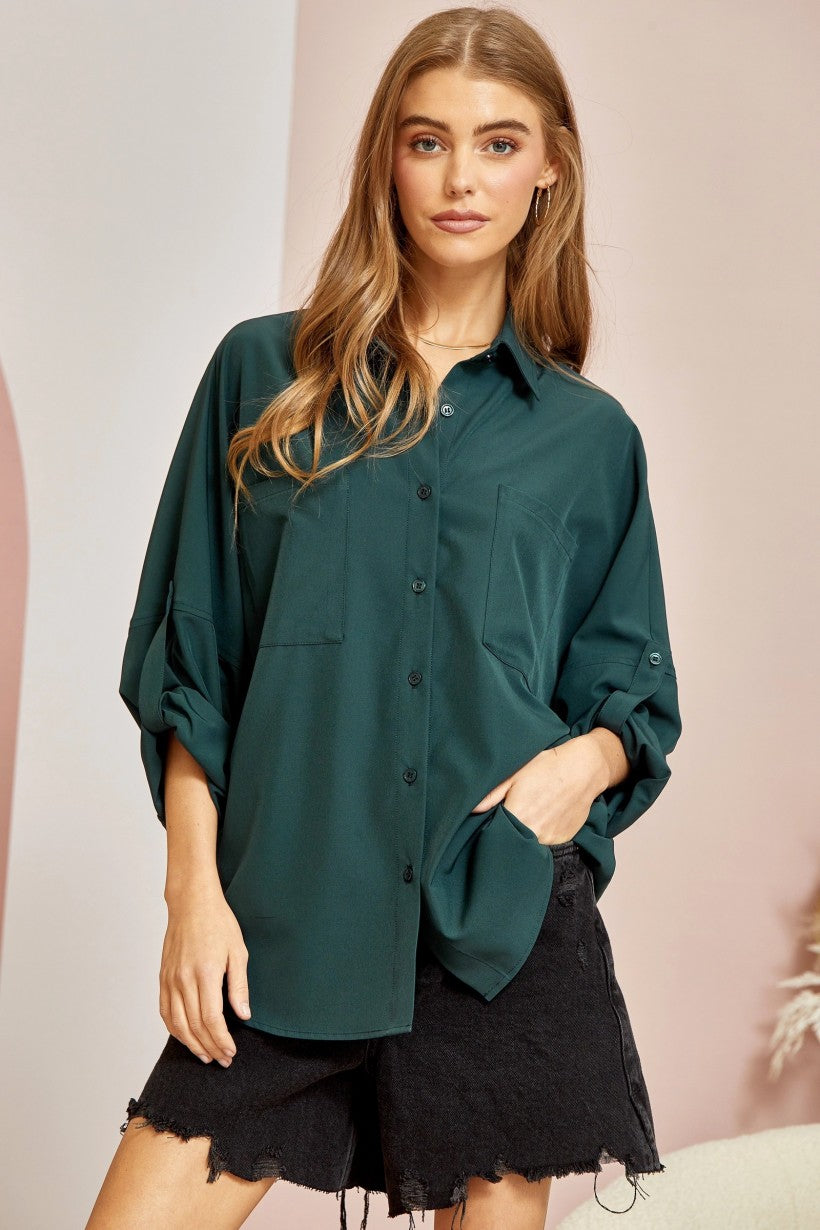 Takes Time Relaxed Button Down - Hunter Green