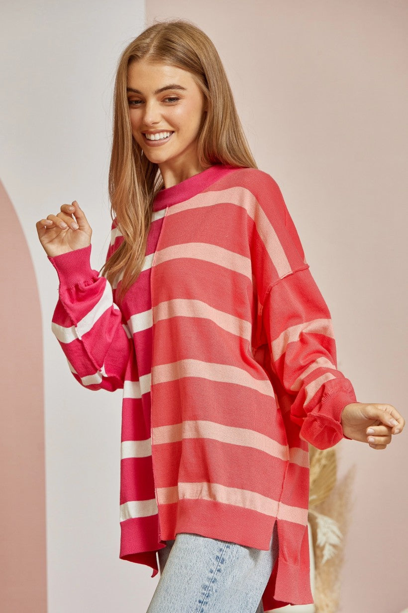 Not Playing Games Striped Sweater - Coral/Magenta