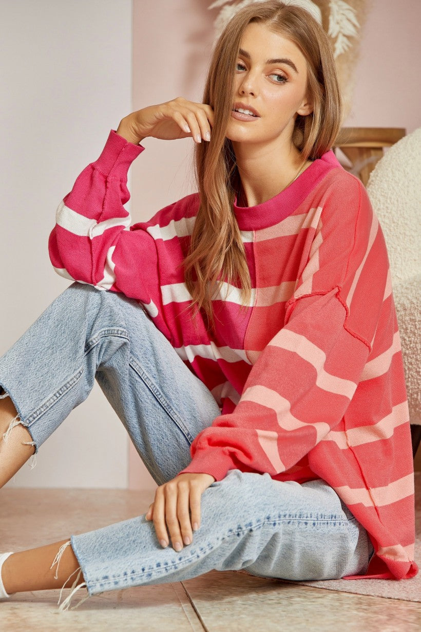 Not Playing Games Striped Sweater - Coral/Magenta