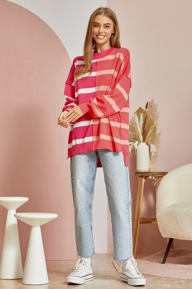 Not Playing Games Striped Sweater - Coral/Magenta