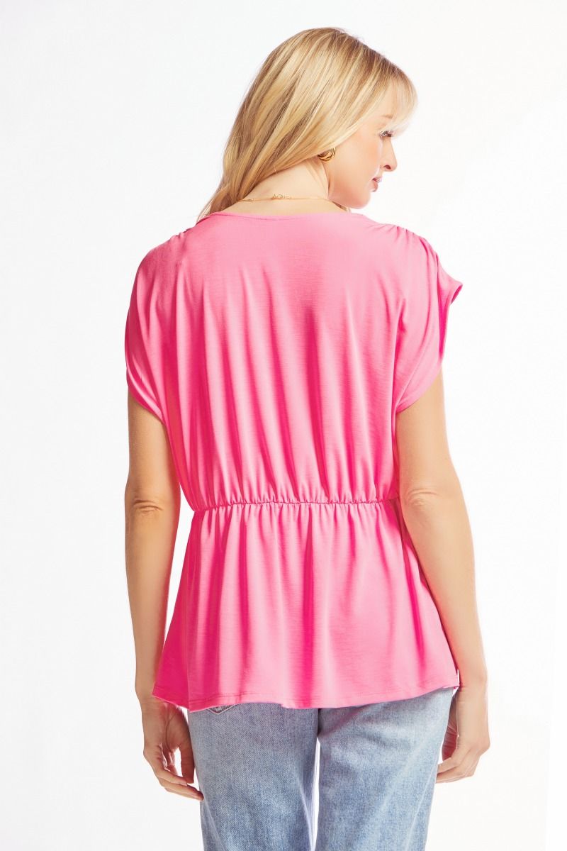 Dream On Peplum Short Sleeve Top - Neon Pink