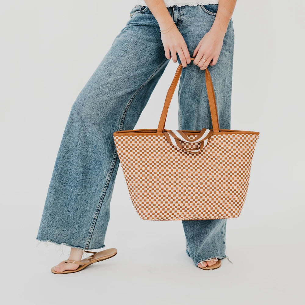 Woven Tiffany Organizer Tote - Checkered Brown