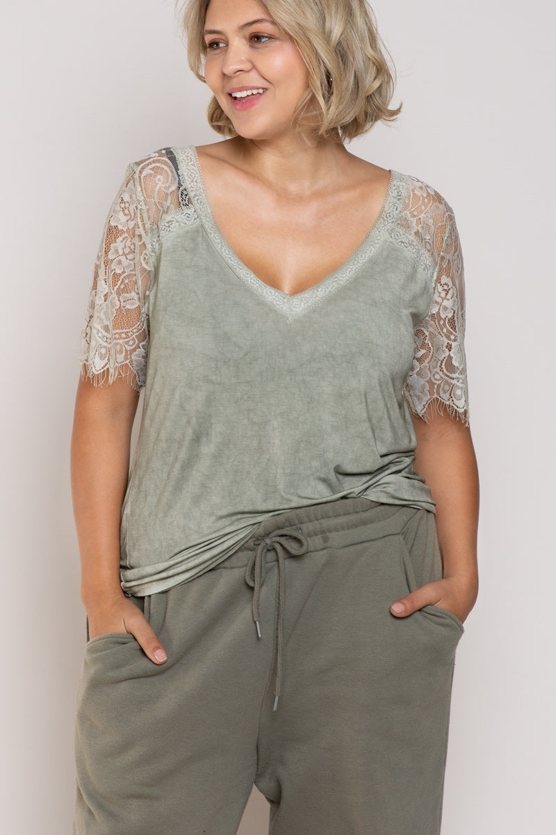 Somebody to Love Lace Sleeve Tee - Dried Herb