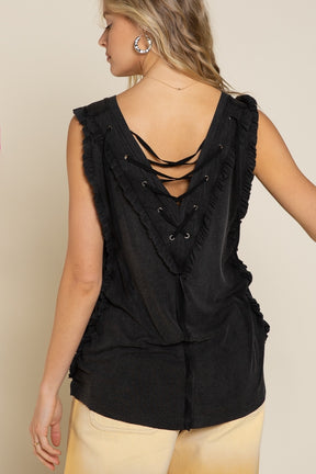 Never Before Lace-Up Back Tank - Black