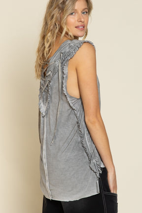Never Before Lace-Up Back Tank - Grey