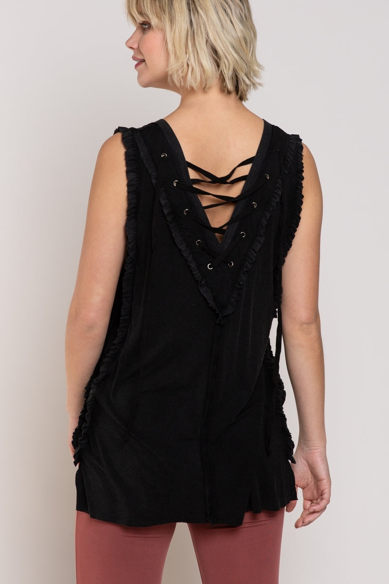 Never Before Lace-Up Back Tank - Black