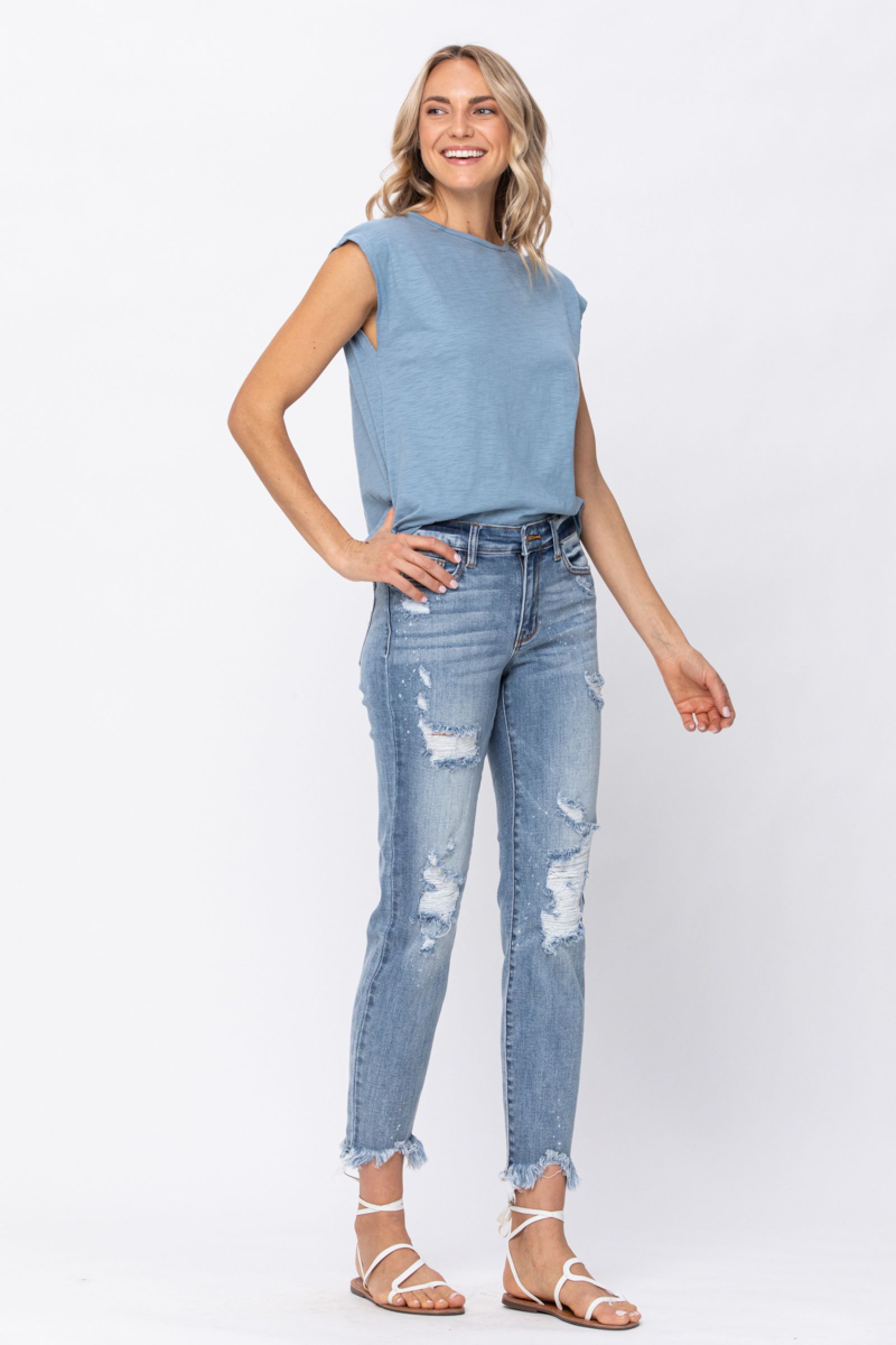 Judy Blue Destroyed Hem Bleach Splash Boyfriend Jeans