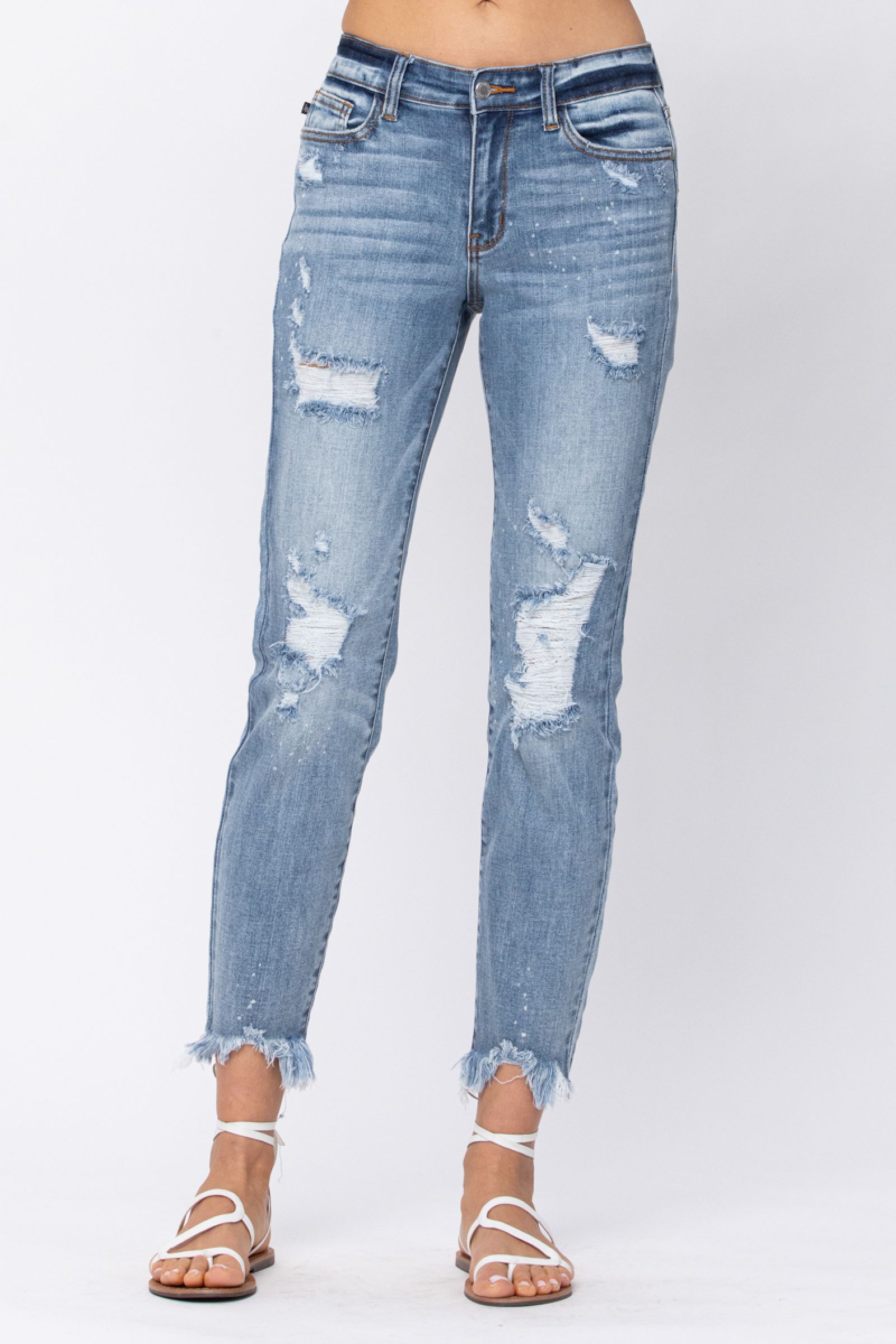 Judy Blue Destroyed Hem Bleach Splash Boyfriend Jeans