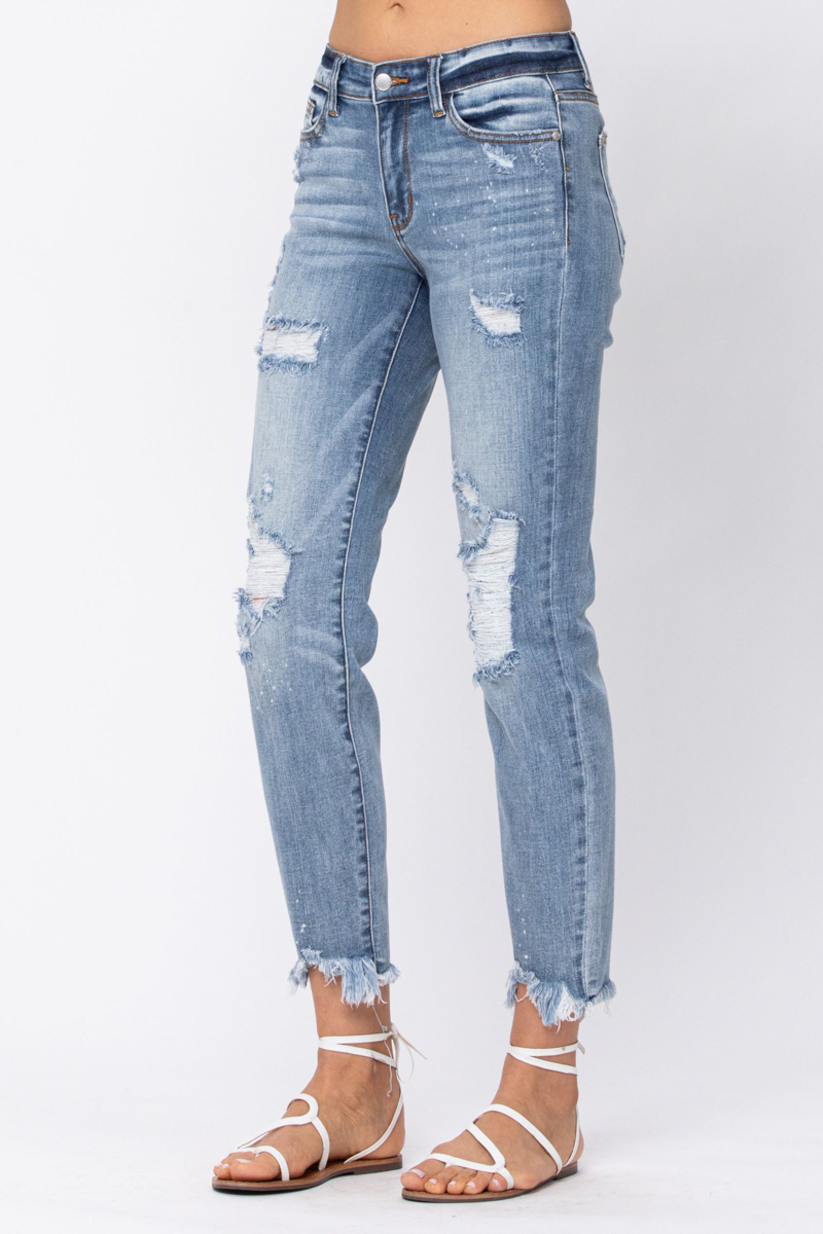 Judy Blue Destroyed Hem Bleach Splash Boyfriend Jeans