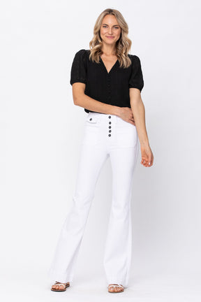 Judy Blue White Button Fly Patch Pocket Flare Jeans