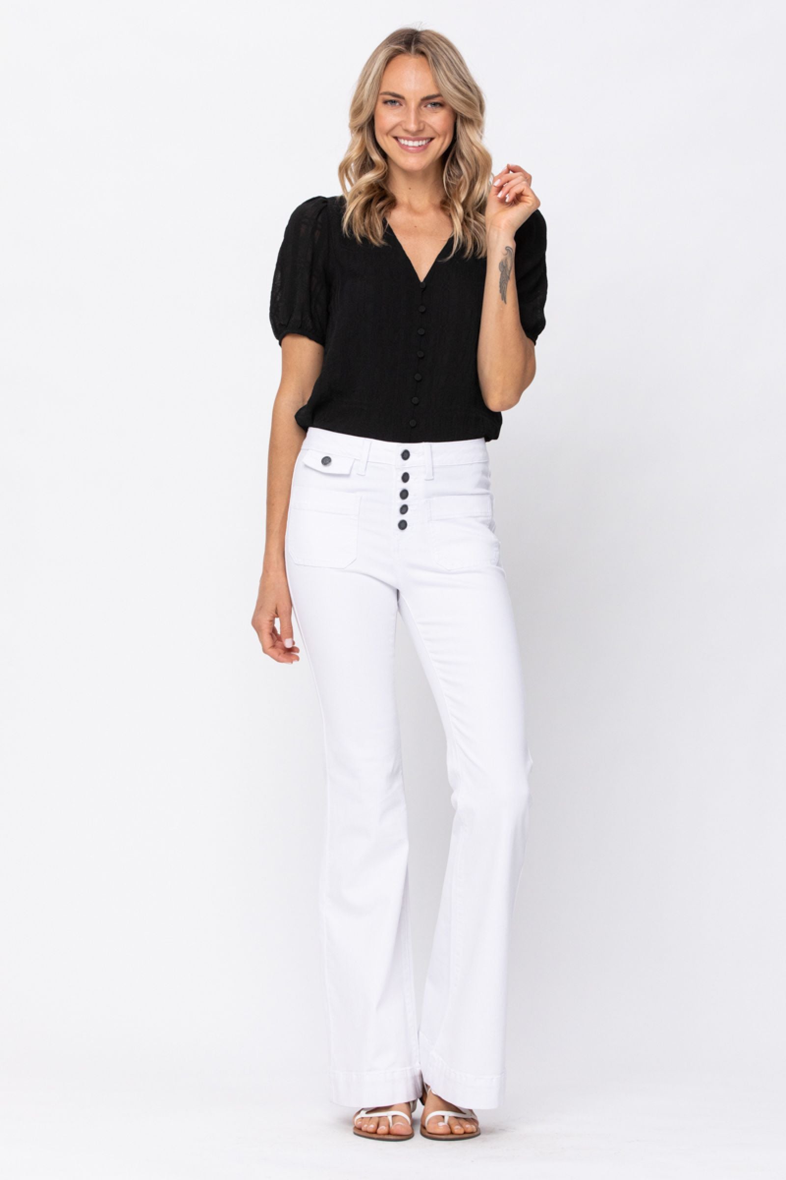Judy Blue White Button Fly Patch Pocket Flare Jeans