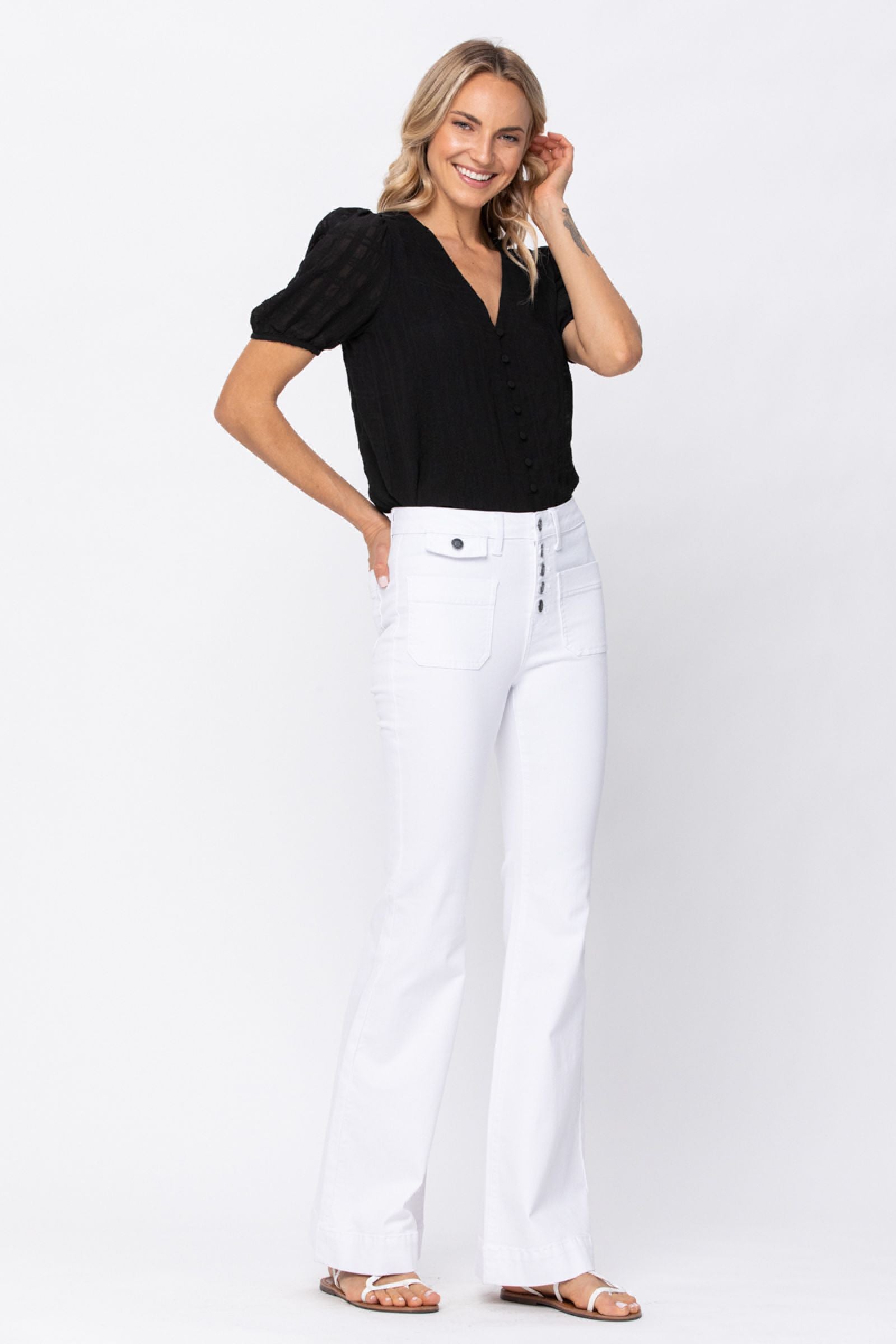 Judy Blue White Button Fly Patch Pocket Flare Jeans