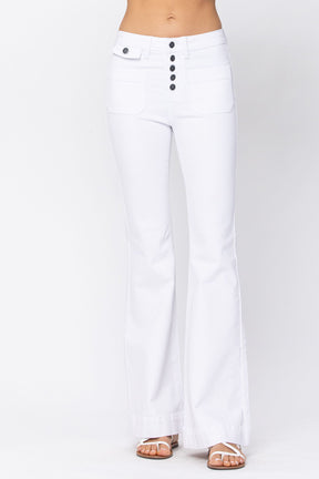 Judy Blue White Button Fly Patch Pocket Flare Jeans