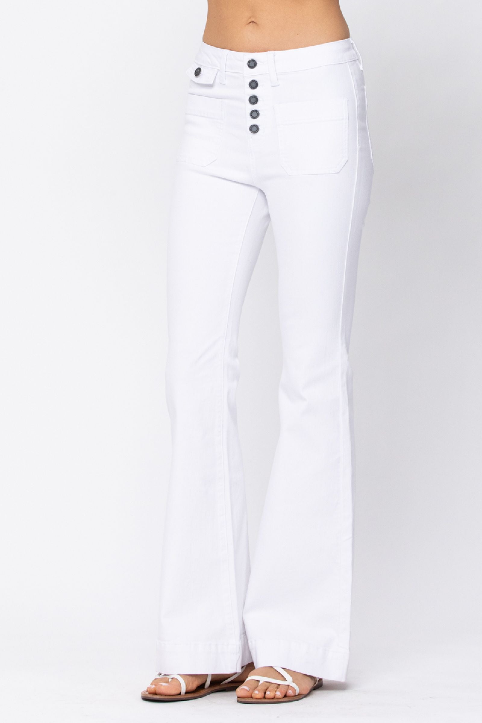 Judy Blue White Button Fly Patch Pocket Flare Jeans