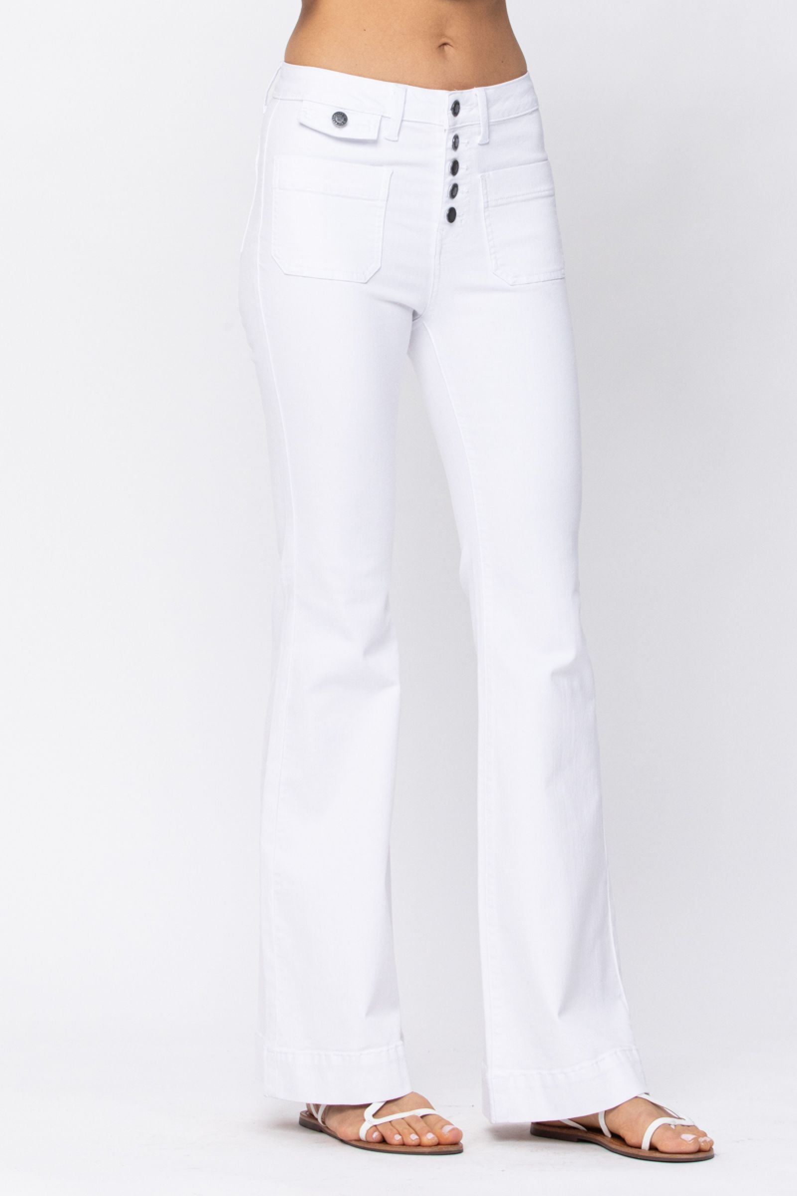 Judy Blue White Button Fly Patch Pocket Flare Jeans