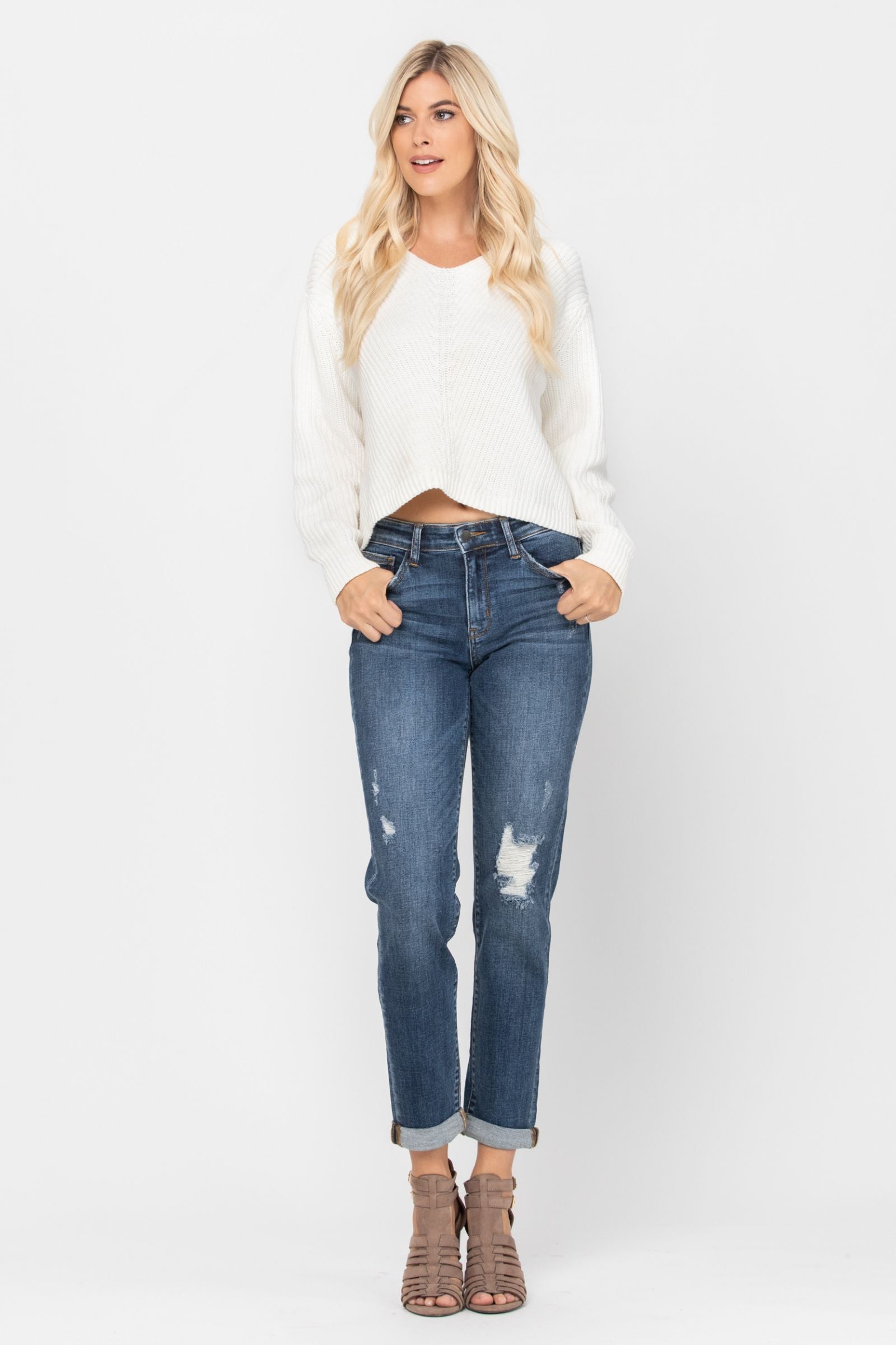 Judy Blue Mid-Rise Destroyed Girlfriend Jeans