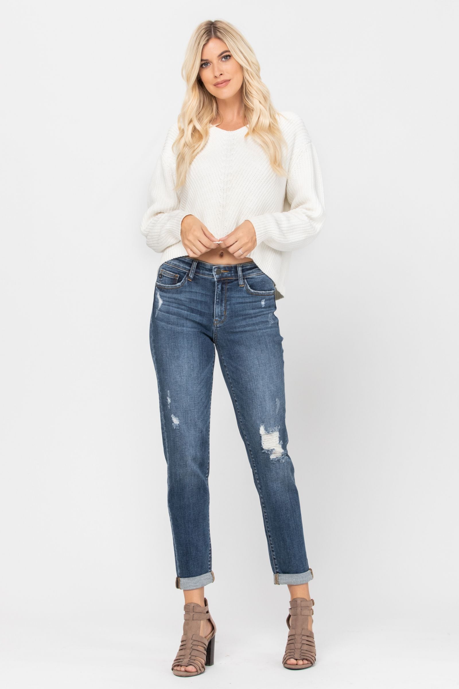 Judy Blue Mid-Rise Destroyed Girlfriend Jeans