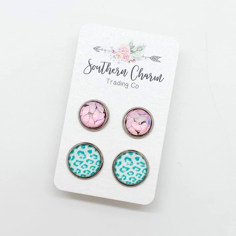 Pink Glitter Leafs & Mint Leopard Duo Stud Earrings
