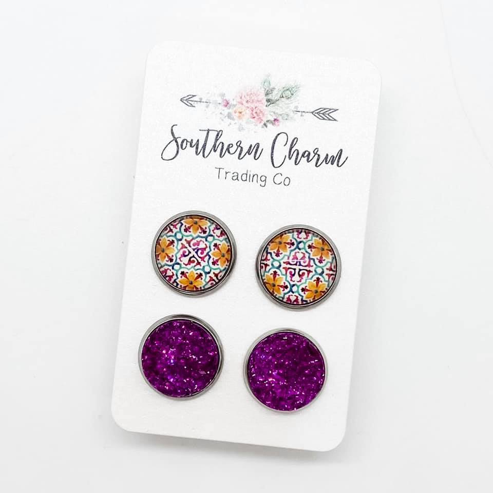 Magenta & Golden Floral Duo Stud Earrings