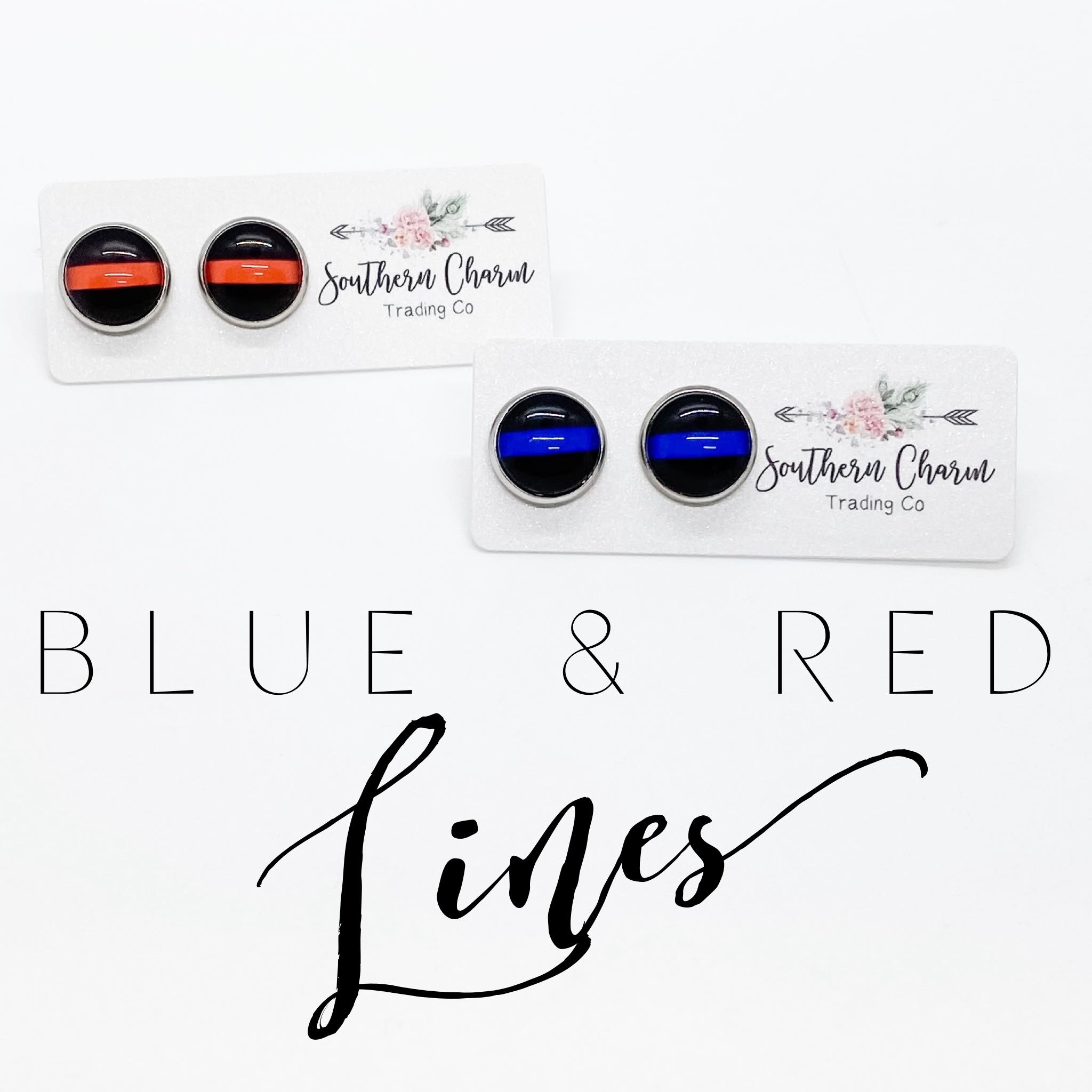 Red Line on Black Stud Earrings